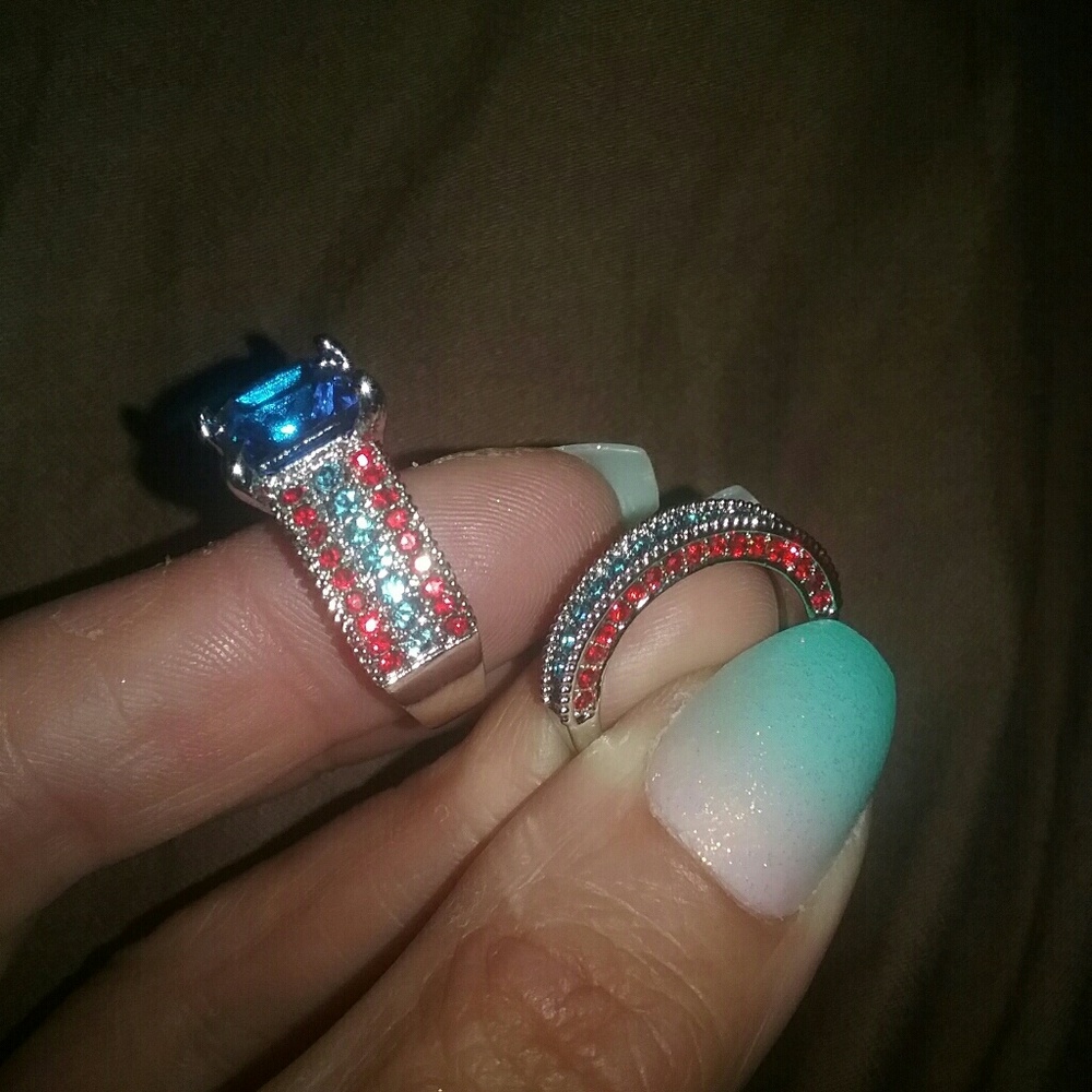 2 PC silver aquamarine set 10kt white gold sz6