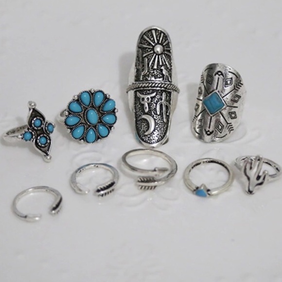 9 Vintage Turkish Turquoise Silver Boho Midi Ring - Picture 2 of 7