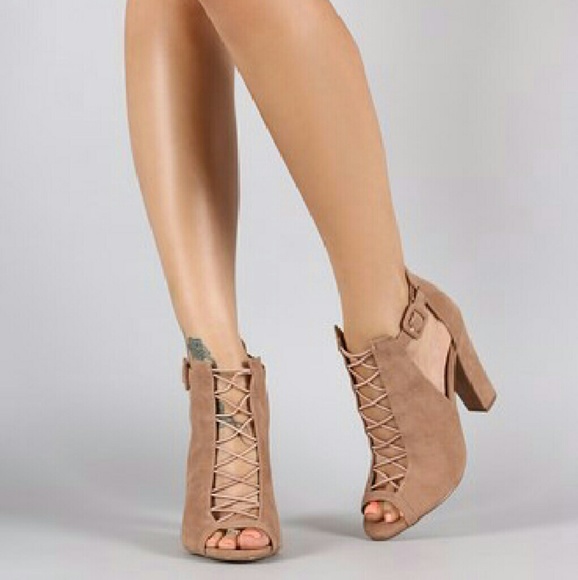 Taupe Suede Buckled Crisscross Chunky heel