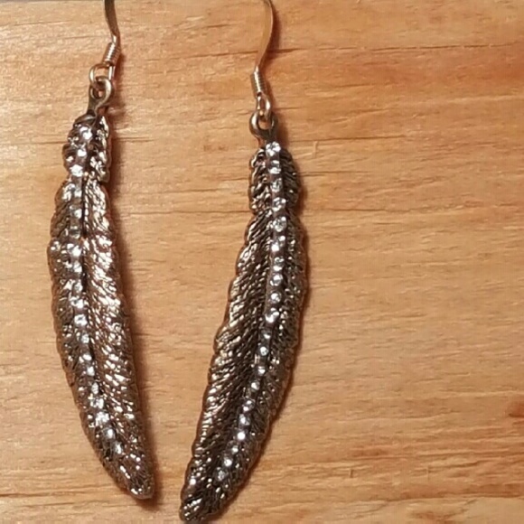 Goldtone and Rhinestone Feather Dangle Earrings - Picture 3 of 4