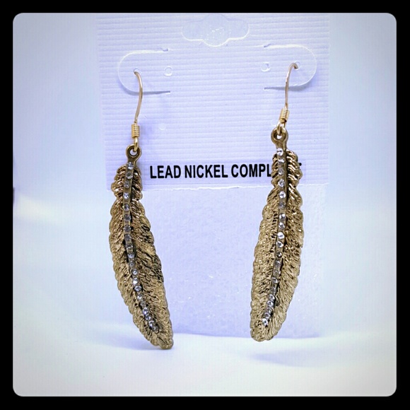 Goldtone and Rhinestone Feather Dangle Earrings - Picture 2 of 4