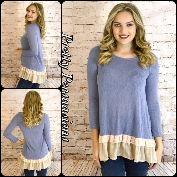 Pretty Persuasions Tops - SOLD OUT Indigo Ruffle Hem Slub Knit Tunic Top