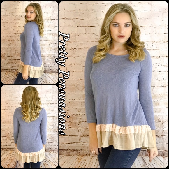 SOLD OUT Indigo Ruffle Hem Slub Knit Tunic Top - Picture 2 of 4