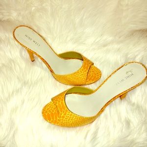 NINE WEST sandals, golden yellow snake print.