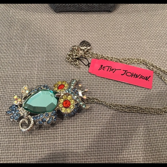Betsey Johnson Owl Necklace/Pin Silver Rhinestones