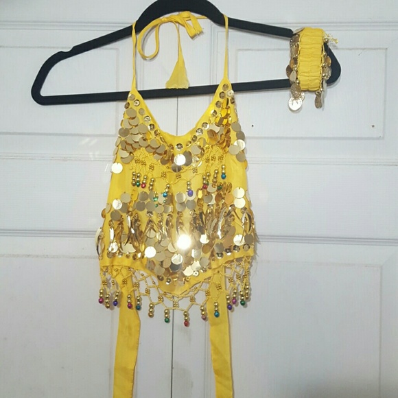 Gyspy Yellow Halter Tie Up Jingle Top With Anklet
