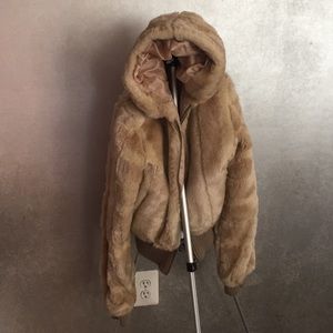 Tan Faux Fur Coat with hood!