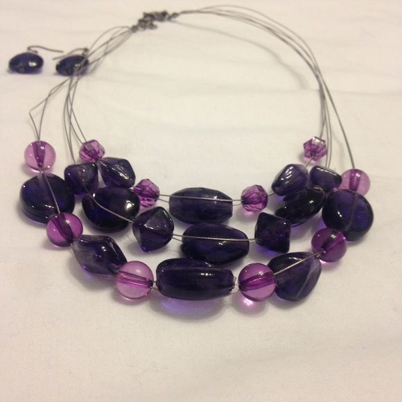 Beaded Purple Necklace and Earring Set - Picture 1 of 2