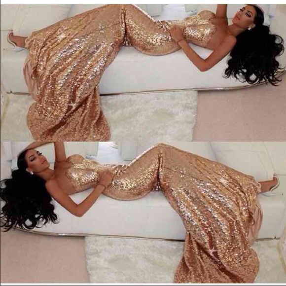 Rose gold sequin strapless gown with train