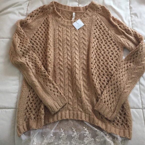 Tan sweater with lace trim