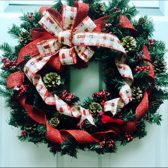 New Red burlap snowflake Holiday Christmas Wreath - Picture 1 of 4