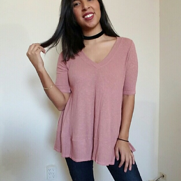 MAUVE RIBBED V NECK TOP - Picture 4 of 5