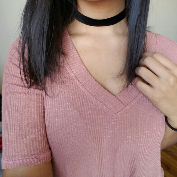 MAUVE RIBBED V NECK TOP - Picture 5 of 5