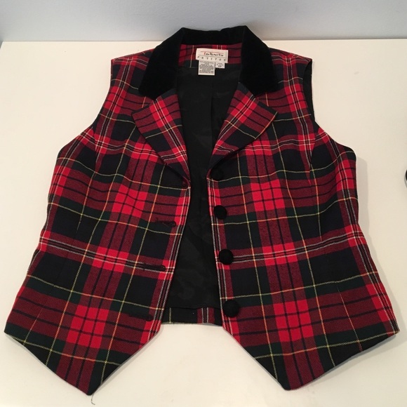 Talbots Red plaid wool vest with velvet collar