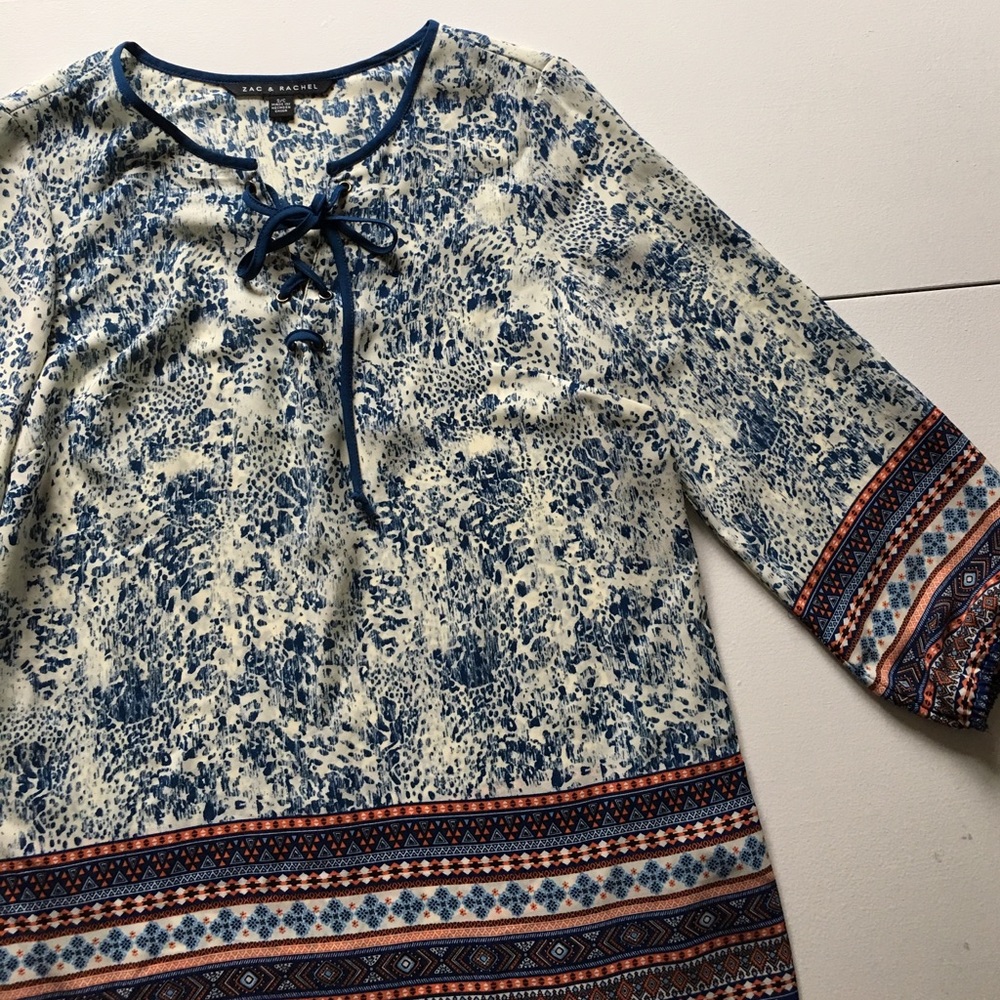 Zac & Rachel Blue Print 3/4 Sleeve Blouse New - Picture 3 of 7