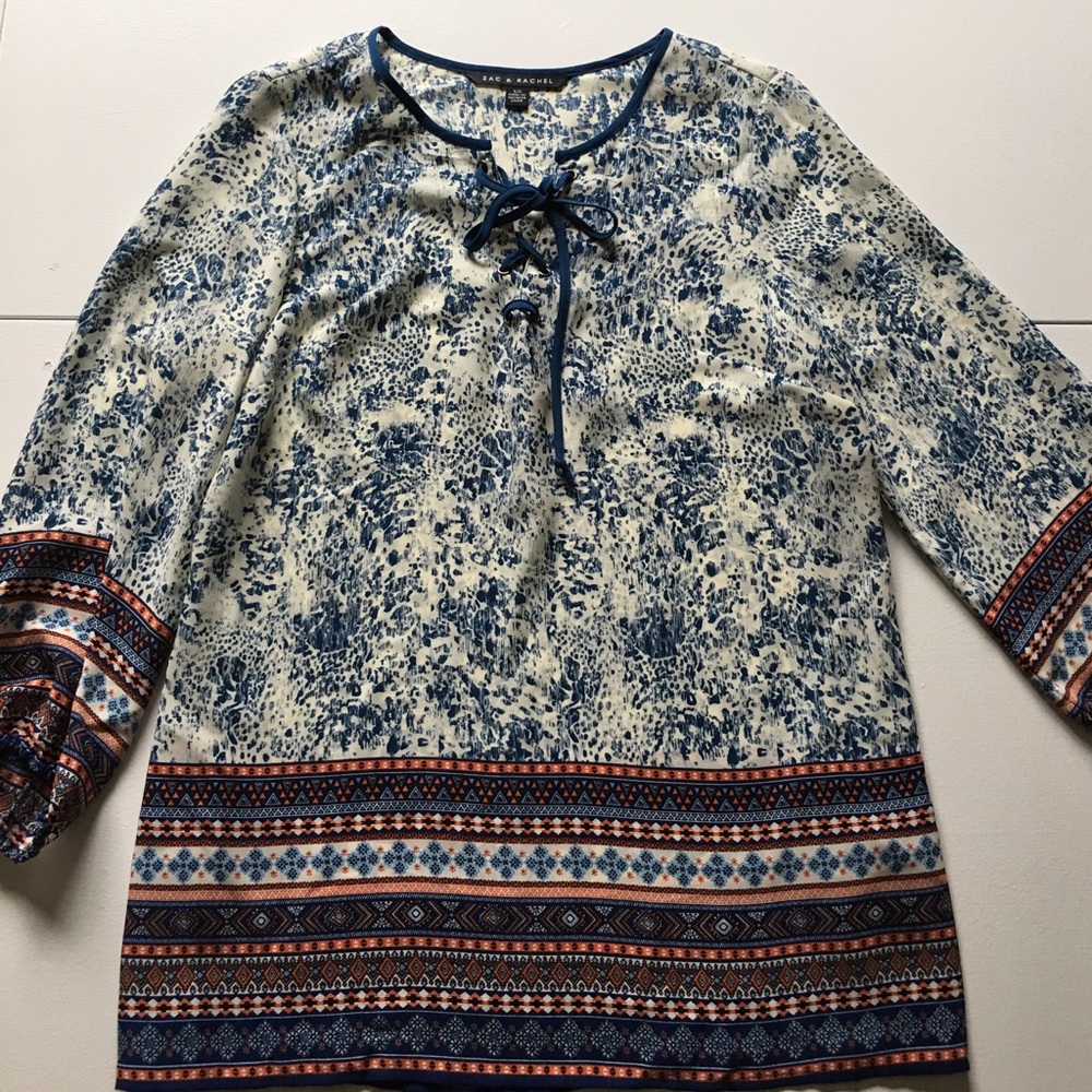 Zac & Rachel Blue Print 3/4 Sleeve Blouse New - Picture 4 of 7