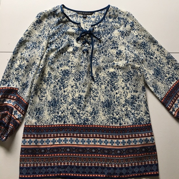 Zac & Rachel Blue Print 3/4 Sleeve Blouse New - Picture 4 of 7