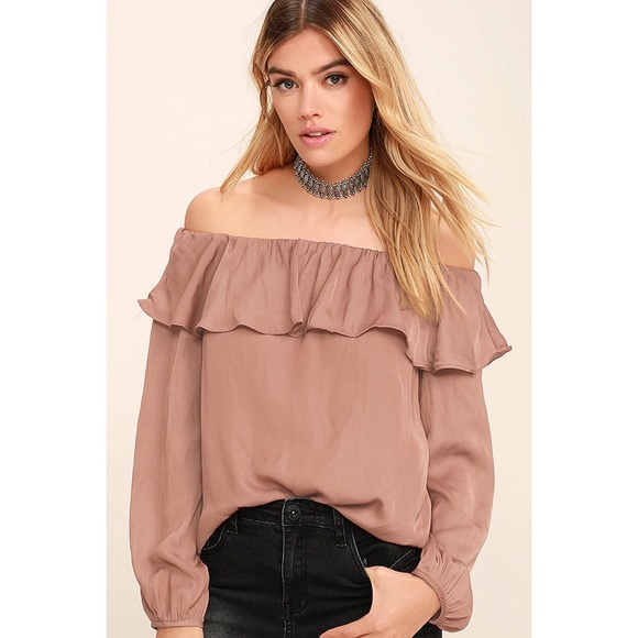 Lulus Tops - Dusty Rose Off Shoulder Ruffle Satin Top