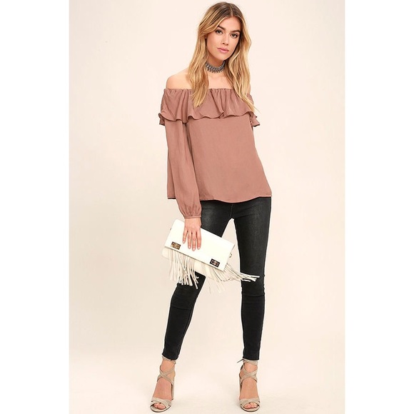 Dusty Rose Off Shoulder Ruffle Satin Top - Picture 2 of 4