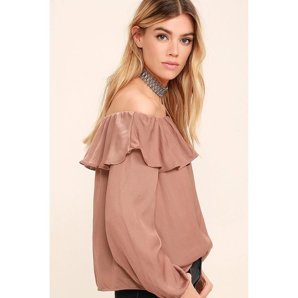 Dusty Rose Off Shoulder Ruffle Satin Top - Picture 3 of 4