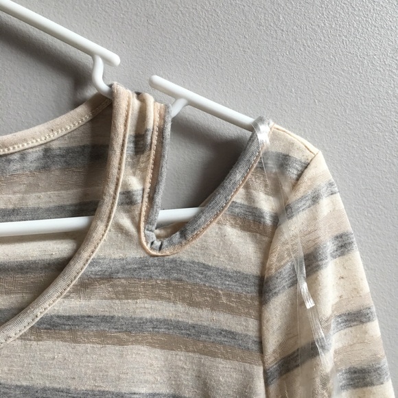 NEW Tan Beige Stripe Cold Shoulder Top - Picture 2 of 4