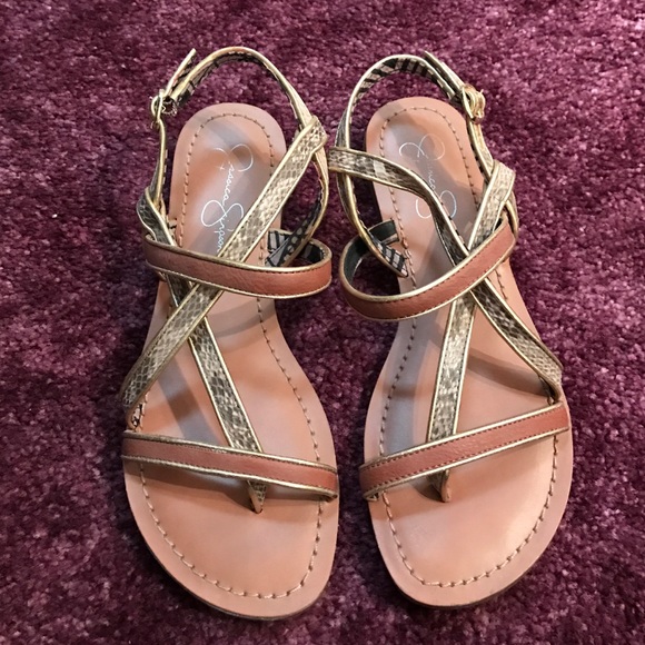 Jessica Simpson Gold and Tan Sandals
