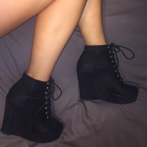Black suede Lace up wedge ankle booties