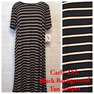 LuLaRoe Ribbed Carly Dress - Black w/ Tan Stripes