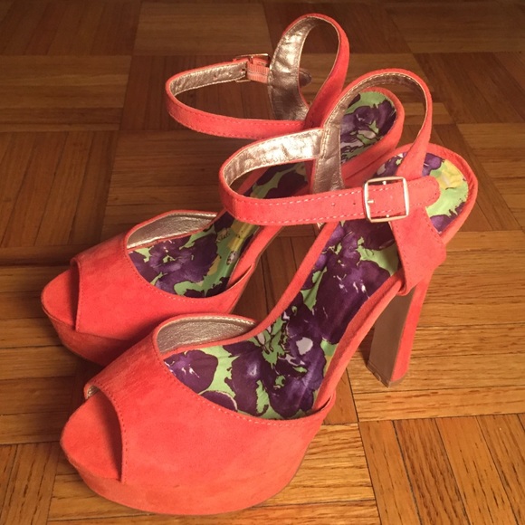 Orange platform suede heels