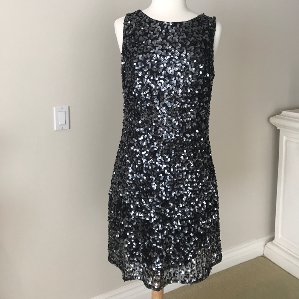 Holiday Gray sequin dress w u shape back drapery