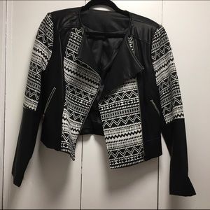 Faux Leather & Black+White Print Moto Jacket