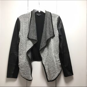 Grey & Faux Leather Sleeve Open Jacket