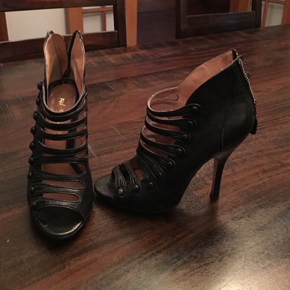 L.A.M.B black leather cutout booties