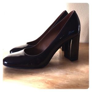 Dark Thick Heel Patent Leather Pump