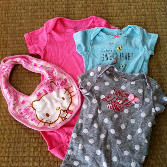 *sold* Three Carter's Onesies & Hello Kitty Bib - Picture 1 of 1