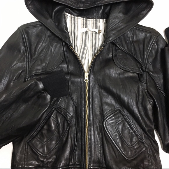 Black Leather Hooded Bomber Jacket - Picture 3 of 4