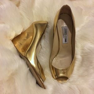 Jimmy Choo Shoes - Gold Jimmy Choo Peep Toe Bello Wedge Jimmy Choo Shoes - Gold Jimmy Choo Peep Toe Bello Wedge