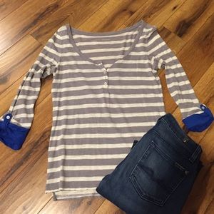 Express striped henley top with pull-tab sleeves