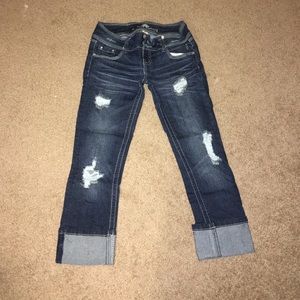 Distressed blue jean capris