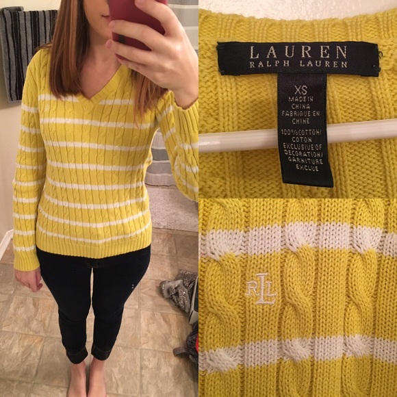 V- neck striped cable knit sweater