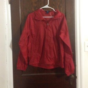 Red windbreaker. Hood. Adult x-small. Never worn.