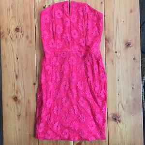 Coral Lace Strapless Pencil Dress