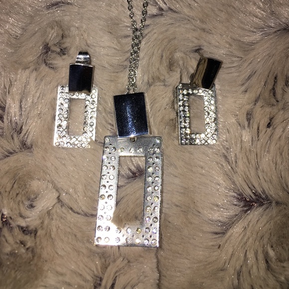 Silver diamond necklace and earrings pair