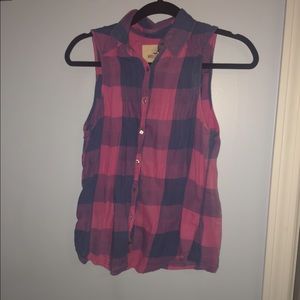 Plaid purple and pink buttoned up top