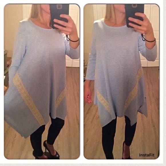 Blue asymmetric crochet trim tunic top - Picture 2 of 2