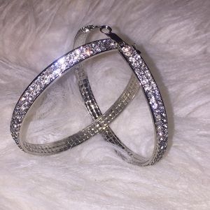 Bling Sparkle Hoop Earrings 2 1/2 Silver tone