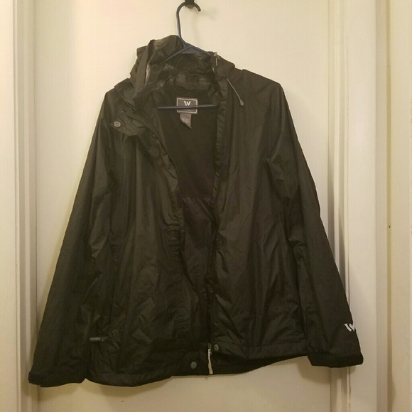 Black zip up rain jacket with hood