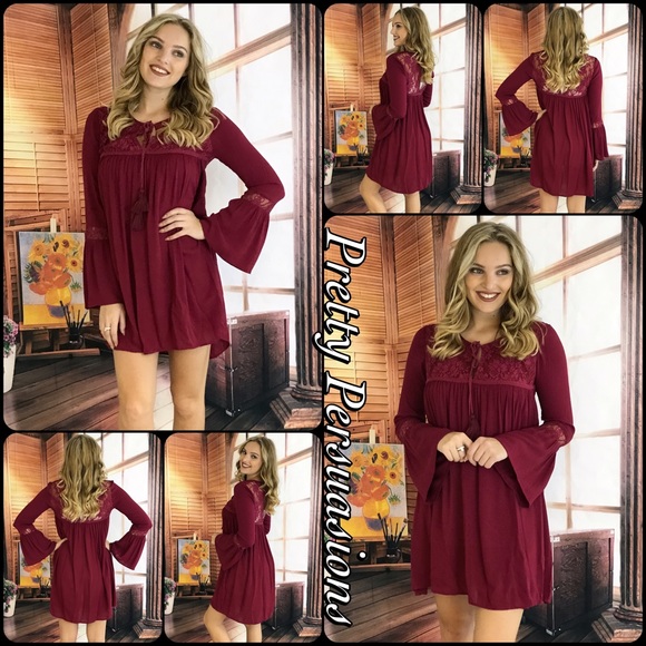 CLEARANCE‼️Wine & Lace Trim Bell Sleeve Dress - Picture 4 of 4