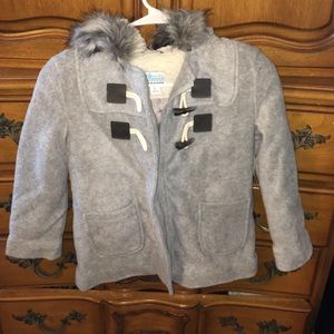 Very warm gray peacoat with fake fur hood