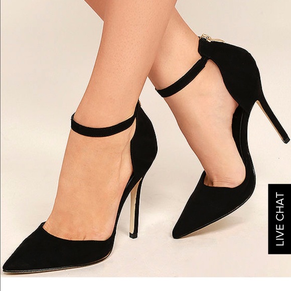 Black Suede Ankle Strap Heels with gold zip